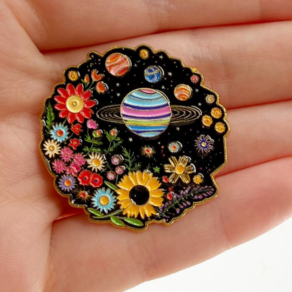 Space Garden Enamel Pin Planets Flowers Galaxy Astronomy Nature Celestial Pin